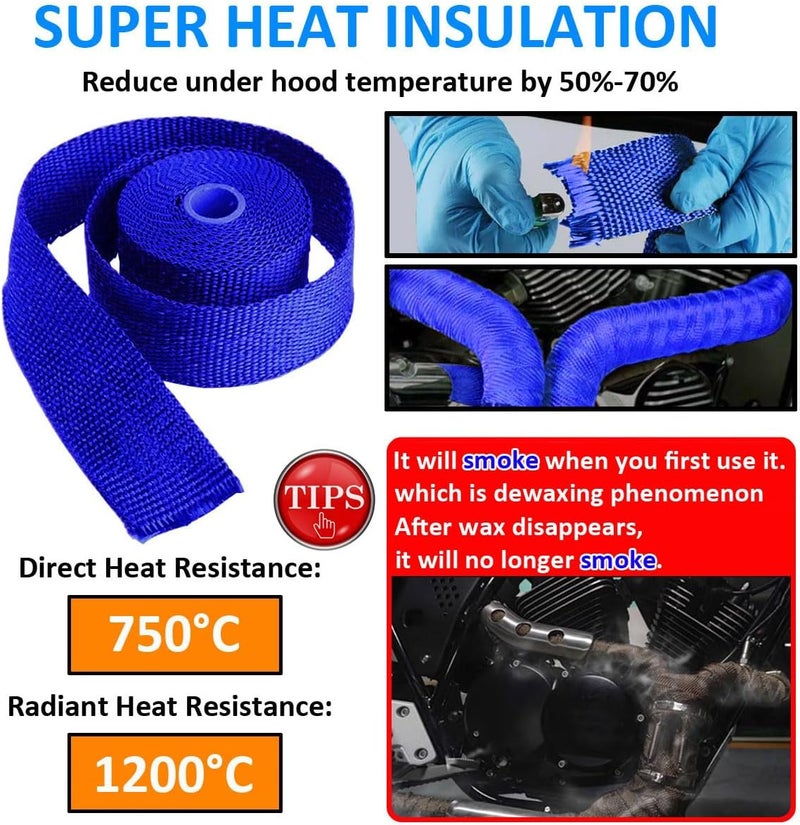 LKRXW Blue Exhaust Heat Wrap 2" x 32 Feet Motorcycle Exhaust Header Pipe Wrap Fiberglass Heat Shield Tape Car Manifold Insulation Thermal Protection with 6pcs Stainless Ties - Image 2
